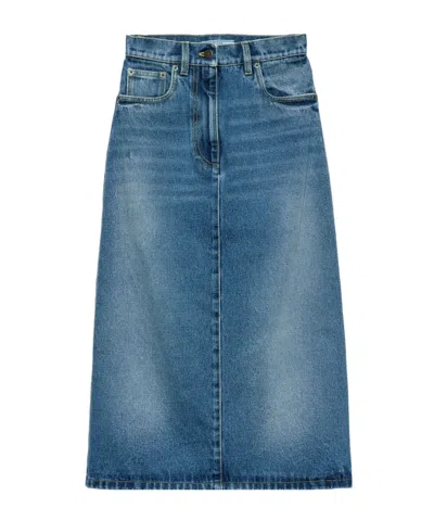 Prada Womens Blue Flared Faded-wash Denim Midi Skirt In Light Blue