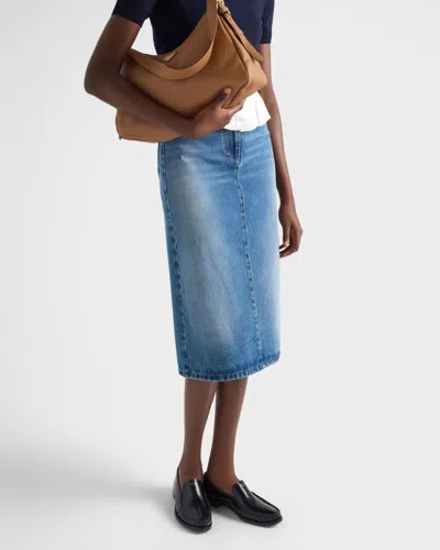 Prada Womens Blue Flared Faded-wash Denim Midi Skirt In Light Blue