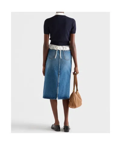 Prada Womens Blue Flared Faded-wash Denim Midi Skirt In Light Blue