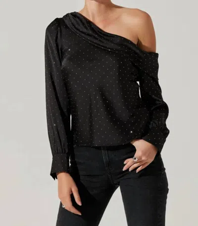 Astr Ellen Satin Rhinestone One Shoulder Top In Black In Black