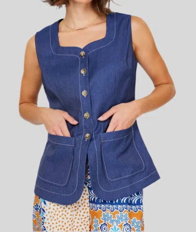 Current Air Denim Button Front Vest In Blue In Blue