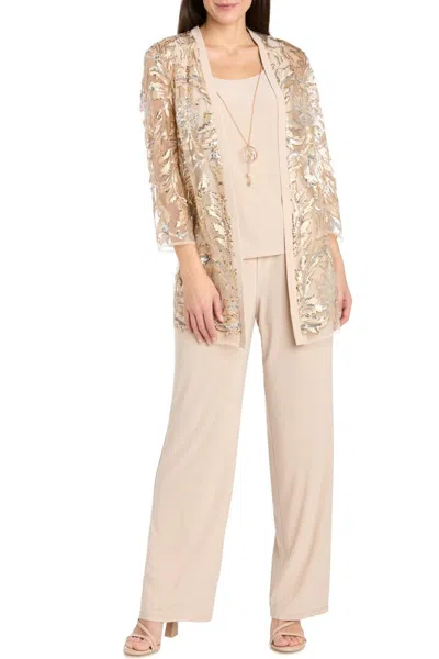 R & M Richards 3460 Long Formal Sequin Jacket Pant Suit In Neutral