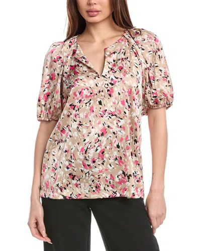 Anne Klein Abstract Print Puff Sleeve Top In Beige