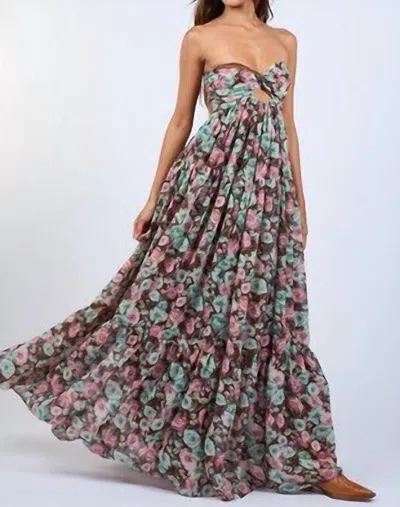 Sky To Moon Floral Flowy Strapless Maxi Dress In Brown In Brown
