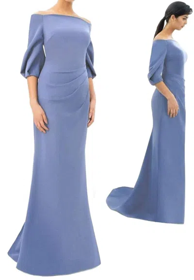 Alexander By Daymor Off Shoulder Trumpet Long Gown In Delphi Blue In Multi