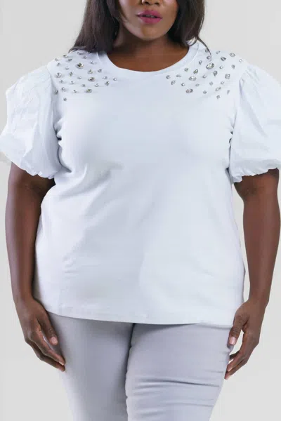 Joh Runa Pointe Knit Top With Diamond Studs In White In White