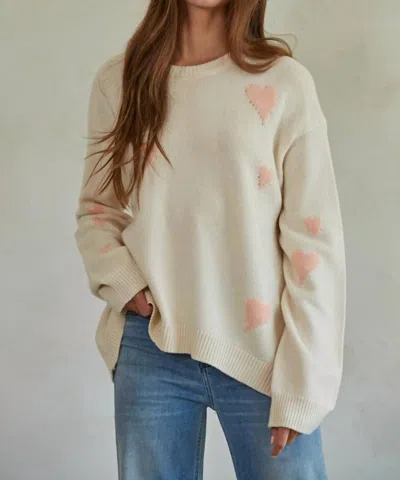 By Together Knit Sweater Heart Print Crew Neck Pullover Top In Natural Pink In Multi