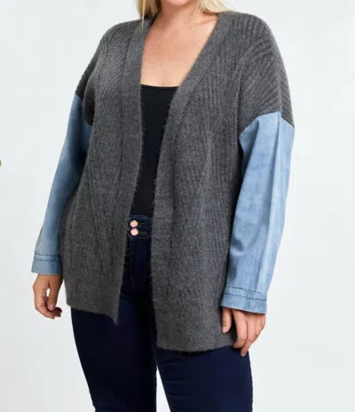 Davi & Dani Oversize Sweater Cardigan With Denim Sleeve In Charcoal In Pink