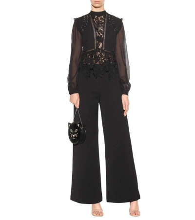 Shop Self-portrait Ariana Wide-leg Crêpe Trousers In Llack