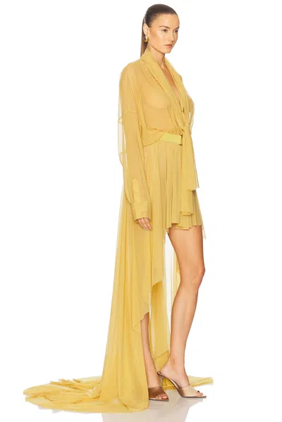 Norma Kamali Hi Low Super Oversized Boyfriend Shirt Flared Gown With Bow In Asparagus