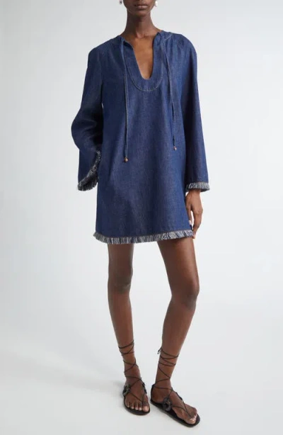 Zimmermann Rhiannon Fringed Denim Mini Dress In Blue