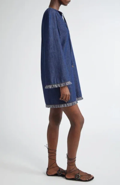 Zimmermann Rhiannon Fringed Denim Mini Dress In Blue