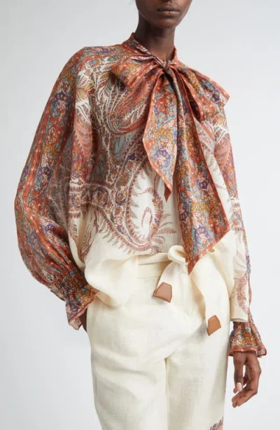 Zimmermann Rhiannon Tie-neck Ramie Shirt In Multi