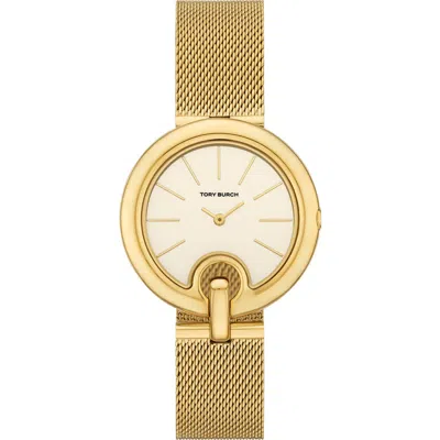 Tory Burch Women's The Pierced Gold-tone Stainless Steel Mesh Bracelet Watch 36mm In Ivory/gold