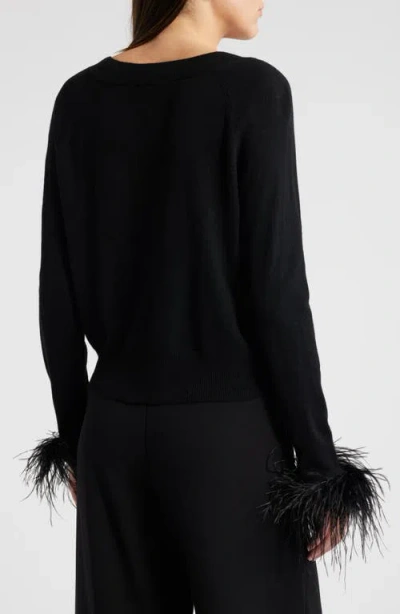 Milly Feather Cuff V-neck Long Sleeve Sweater In Black