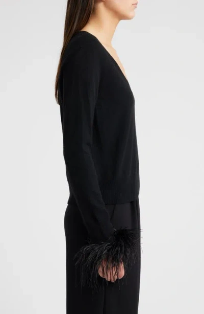 Milly Feather Cuff V-neck Long Sleeve Sweater In Black