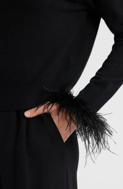 Milly Feather Cuff V-neck Long Sleeve Sweater In Black