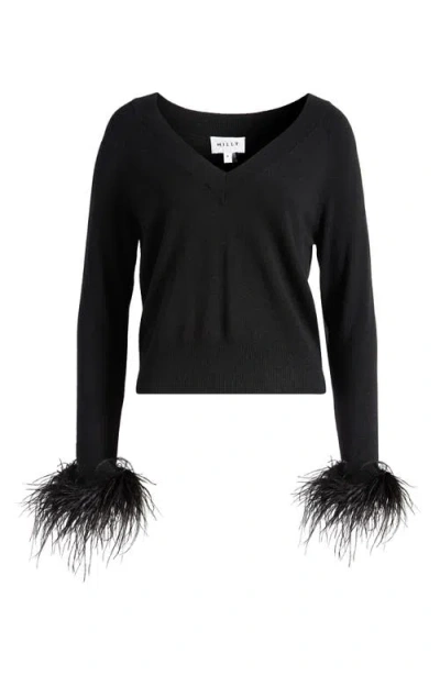 Milly Feather Cuff V-neck Long Sleeve Sweater In Black