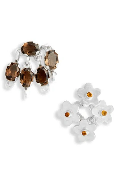 Shana Cave Flower & Leaf Cluster Mismatched Stud Earrings In Silver Smoky Quartz Citrine