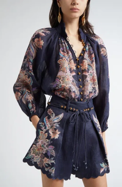 Zimmermann Rhiannon Billowed Ramie Shirt In Blue