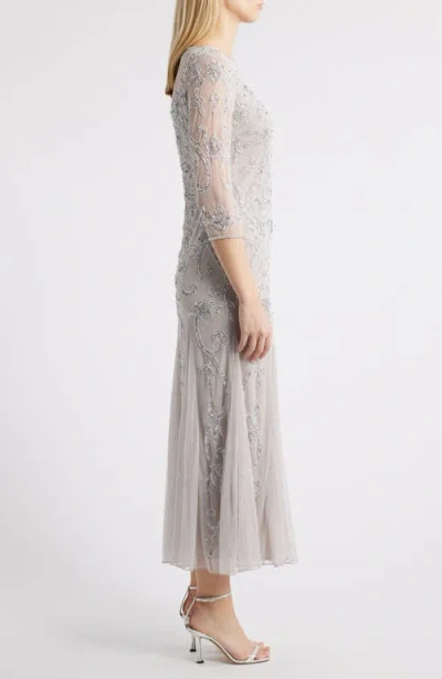 Pisarro Nights Beaded Illusion Neck Gown In Silver