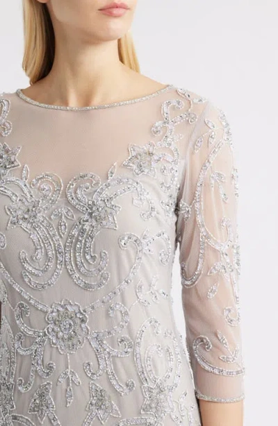 Pisarro Nights Beaded Illusion Neck Gown In Silver