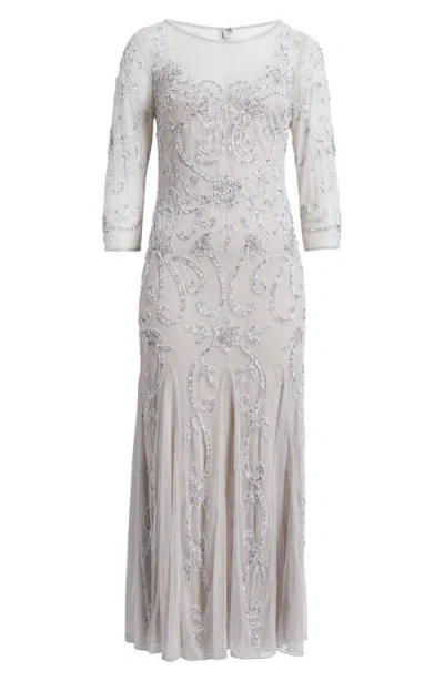 Pisarro Nights Beaded Illusion Neck Gown In Silver