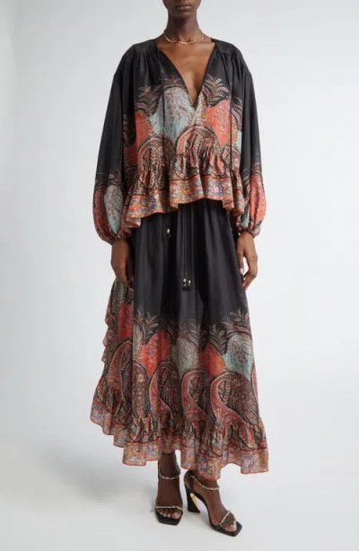 Zimmermann Rhiannon Printed Silk Skirt In Black