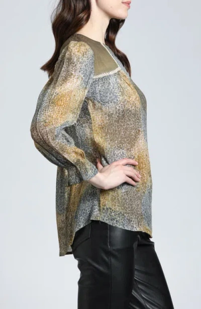 Apny Mixed Media Peasant Top In Gray