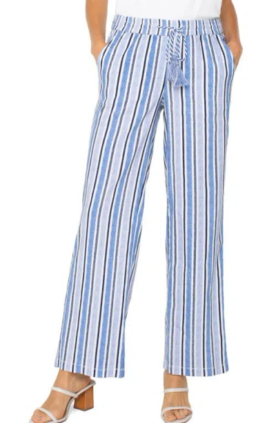 Liverpool Los Angeles Stripe Linen Blend Drawstring Wide Leg Pants In White Blue Multi Stripe