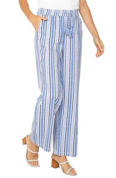 Liverpool Los Angeles Stripe Linen Blend Drawstring Wide Leg Pants In White Blue Multi Stripe