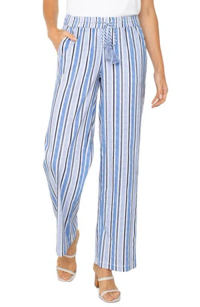 Liverpool Los Angeles Stripe Linen Blend Drawstring Wide Leg Pants In White Blue Multi Stripe