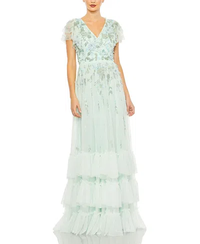 Mac Duggal Ruffle Tiered Embellished Faux Wrap Flutter Sleeve In Seafoam