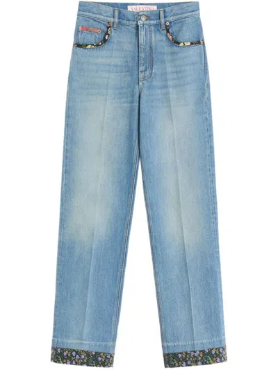 Valentino Straight-fit Denim Pants With Colorful Embellishments In Medium Blue Denim
