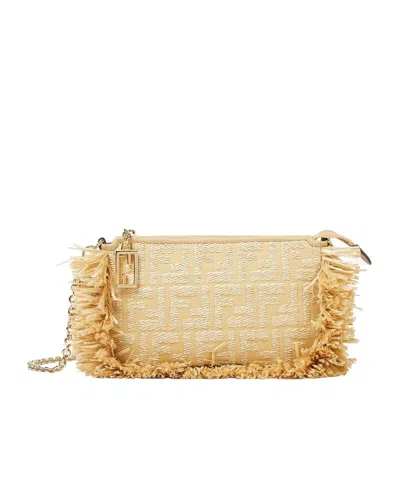 Fendi Jacquard Fabric Pouch With Chain And Raffia Ff In Light Brown