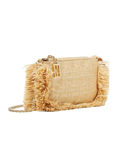 Fendi Jacquard Fabric Pouch With Chain And Raffia Ff In Light Brown