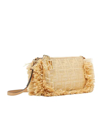 Fendi Jacquard Fabric Pouch With Chain And Raffia Ff In Light Brown