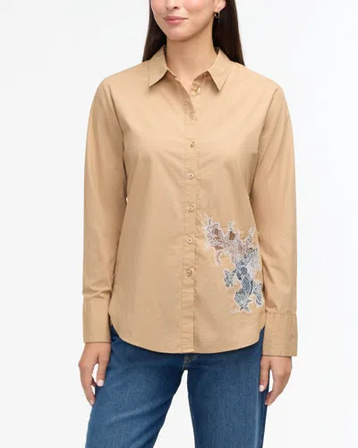 Ellen Tracy Embroidered Flower Poplin Button-up Shirt In Brown