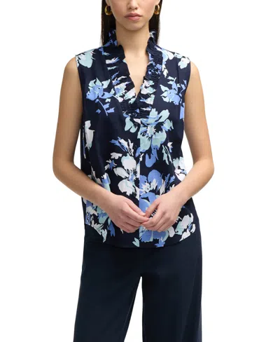 Ellen Tracy Ruffle Sleeveless Button-up Shirt In Multi