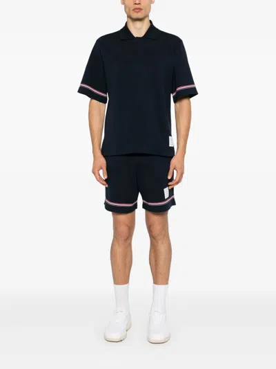 Thom Browne Blue Shorts With Elastic Waist With Drawstring And Rwb Striped Detail