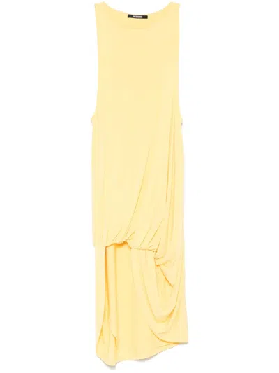 Jacquemus Draped Yellow Mini Dress With Unique Hem Knot In Yellow 250