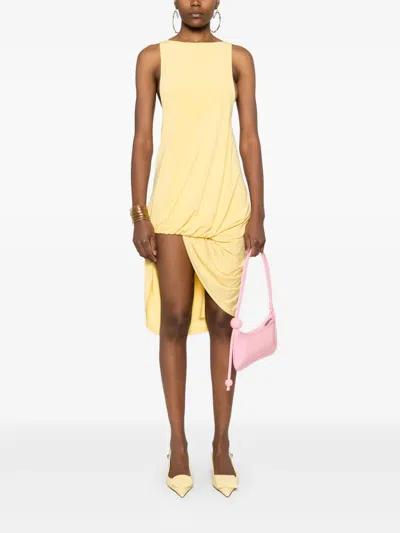 Jacquemus Draped Yellow Mini Dress With Unique Hem Knot In Yellow 250