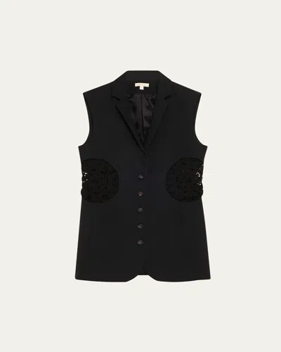 Diotima Long Tower Wool Vest With Crochet Inserts In Black