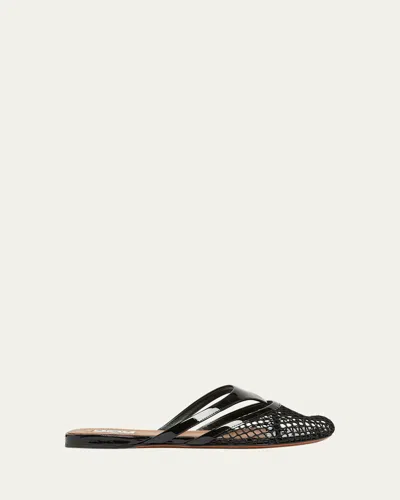 Alaïa Fishnet And Leather Flip Flops Flat Mules Shoes In Black