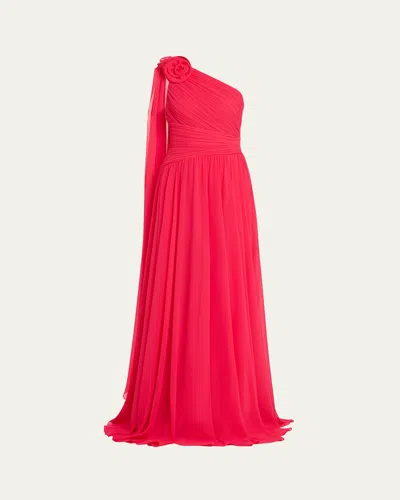 Rickie Freeman For Teri Jon Draped One-shoulder Pleated Chiffon Gown In Fuchsia