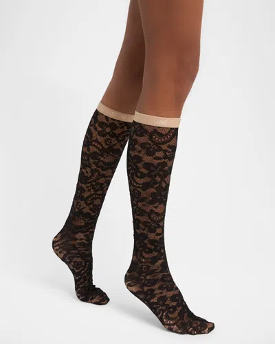 Valentino Rebrode Lace Knee-high Socks In Black