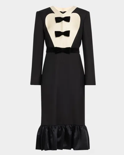 Valentino Black Midi Wool Dress With Bows In Beigeblack
