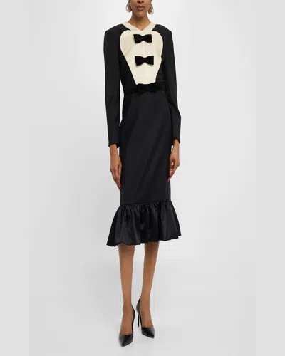 Valentino Black Midi Wool Dress With Bows In Beigeblack