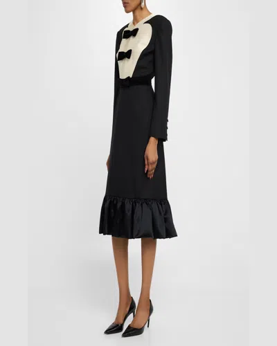 Valentino Black Midi Wool Dress With Bows In Beigeblack
