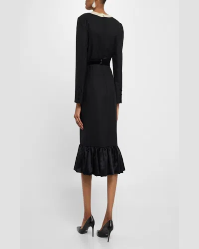 Valentino Black Midi Wool Dress With Bows In Beigeblack